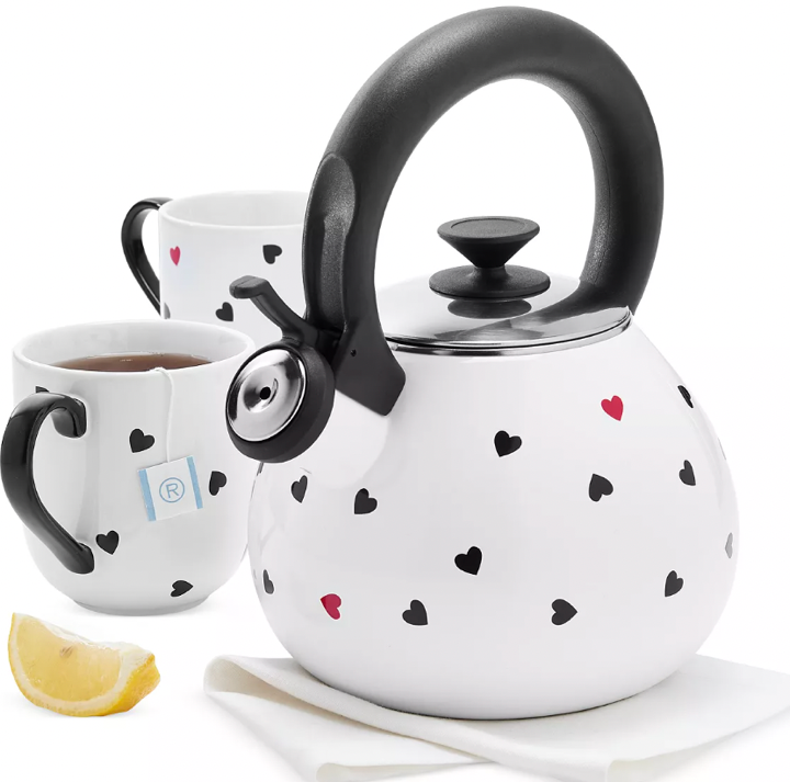 Heart-Print Tea Kettle & Stoneware Mugs Set