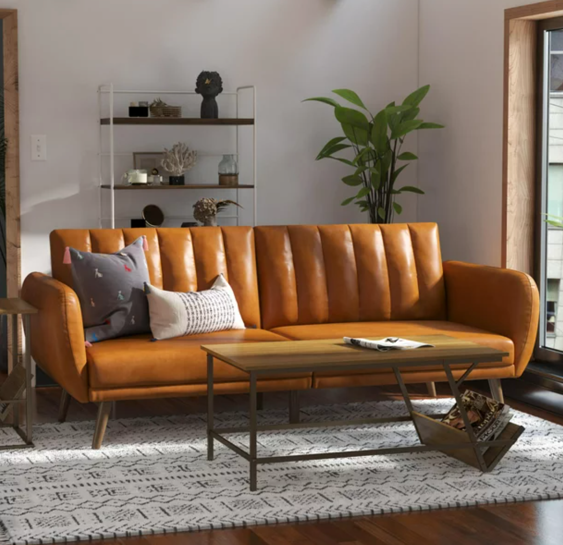 Novogratz Brittany Futon, Convertible Sofa & Couch, Camel Faux Leather
