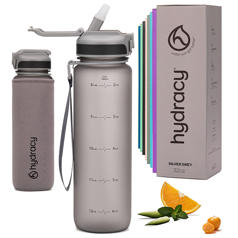 Hydracy Water Bottle with Times to Drink & Straw