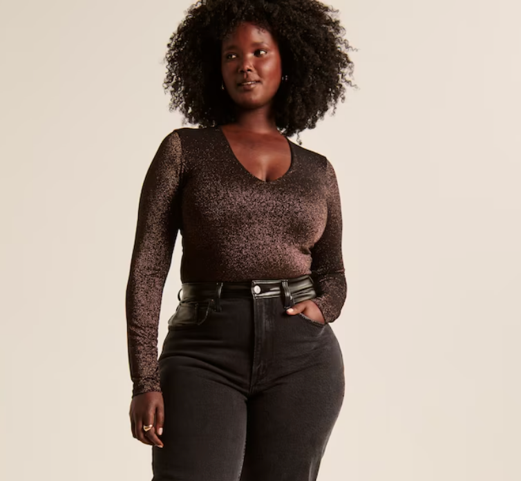 Abercrombie and Fitch Long-Sleeve Sparkle V-Neck Bodysuit