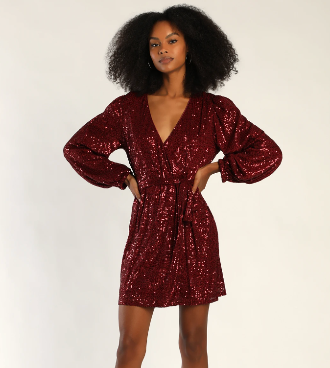 Sparkly Darling Burgundy Sequin Long Sleeve Wrap Dress