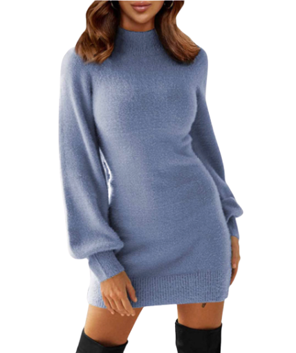 EXLURA Women's Mock Neck Ribbed Mini Sweater Dress