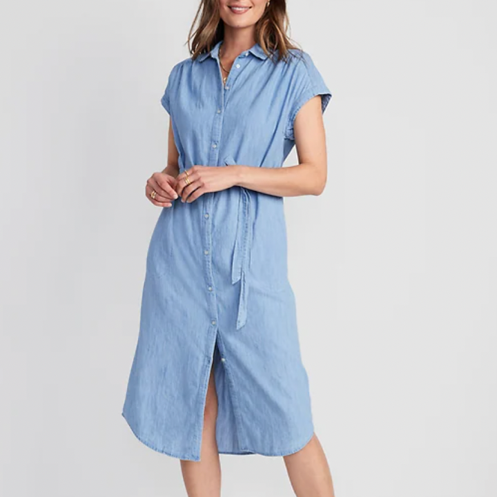 Short-Sleeve Waist-Defined Midi Shirt Dress