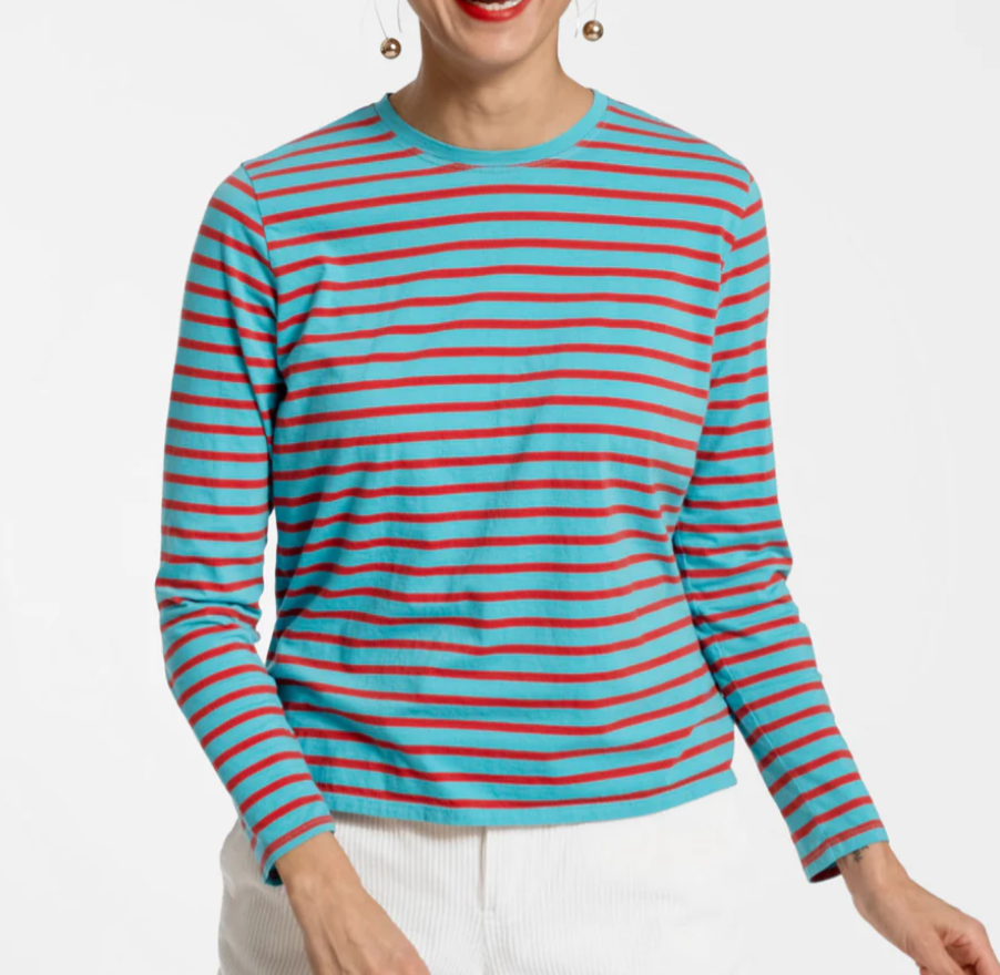 Frances Valentine Long Sleeve Striped Shirt Turquoise Red