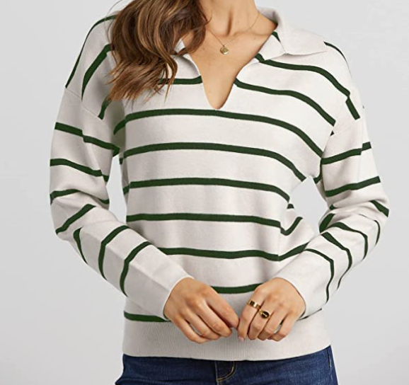 Cflonge Women's Striped Long Sleeve Polo Pullover Sweater