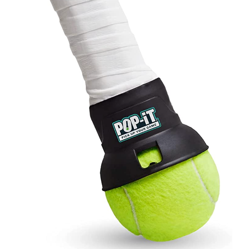 Pop-It Tennis Ball Picker and Holder for Racquet