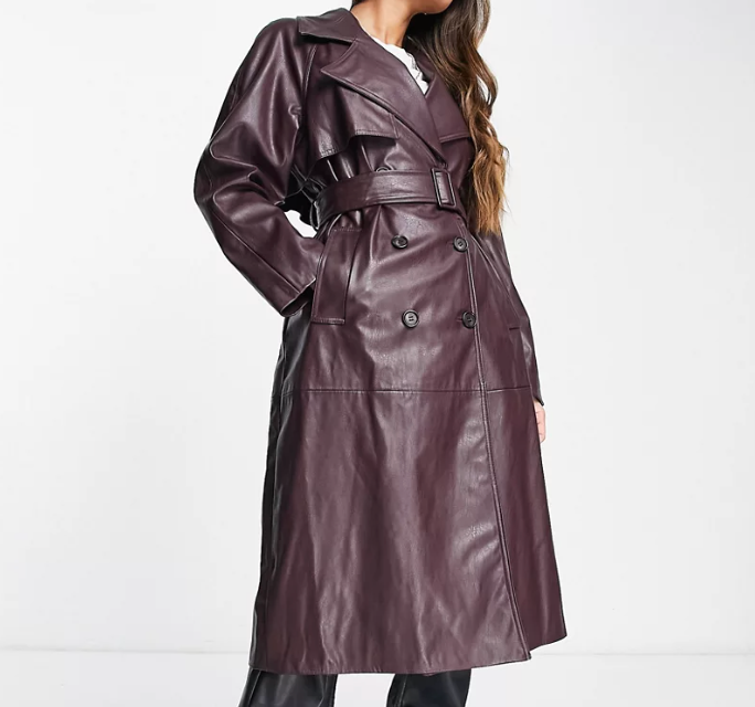 Bershka faux leather trench coat in burgundy
