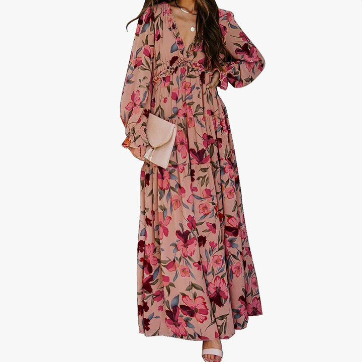 Blencot Floral Deep V Neck Long Sleeve Maxi Dress