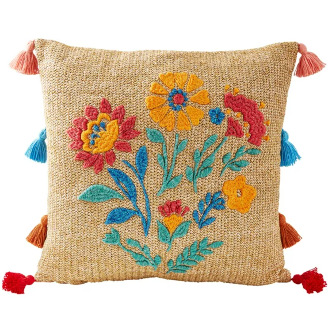 The Pioneer Woman Embroidered Tan Outdoor Pillow