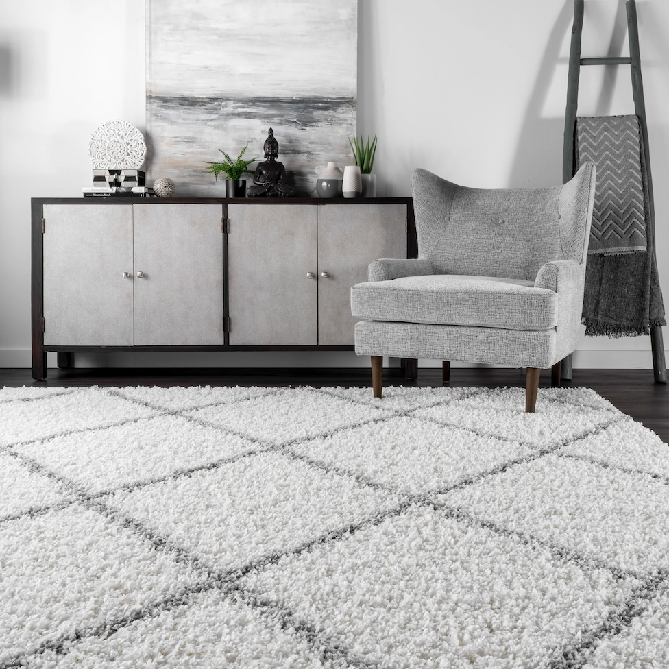 Darryll geometric shag area rug in white