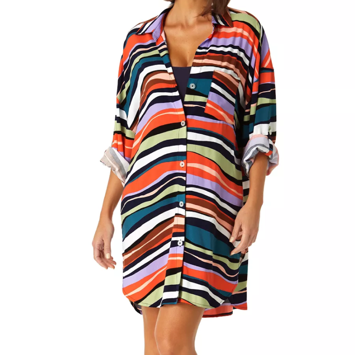 Anne Cole Striped Button-Front Roll-Tab-Sleeve Cover-Up