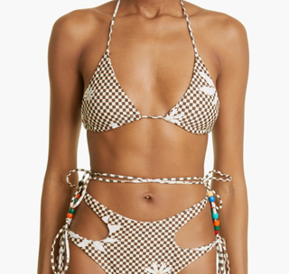 House of Aama Beaded Checkerboard Print Cutout Two-Piece Swimsuit