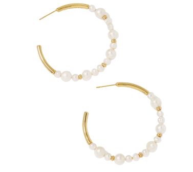 Jovie Gold Beaded Hoop Earrings in White Pearl