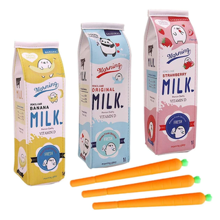 Nykkola Kawaii Milk Carton Pencil Cases + Carrot Gel Ink Pens (Set of 3)