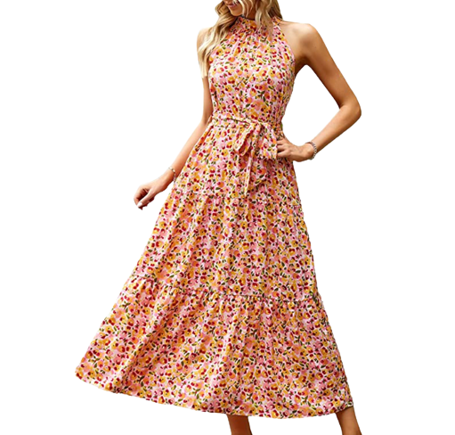 Summer Floral Maxi Sun Dress Sleeveless Halter Neck