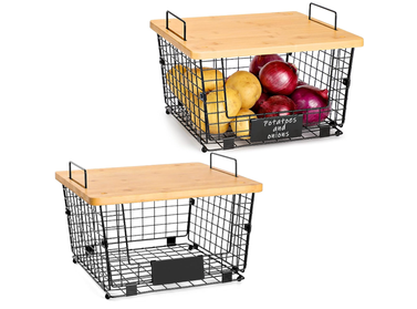 2 Set Stackable Kitchen Counter Basket with Bamboo Top