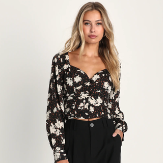 Chic Validation Black Floral Print Ruched Long Sleeve Top