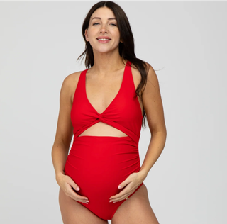 PinkBlush Maternity Red Ruched Sides Front Cutout Maternity One Piece Swimsuit