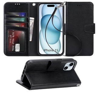 Arae Compatible with iPhone 15 Case with Card Holder and Wrist Strap Wallet