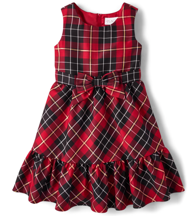 Girls Matching Family Plaid Satin Tiered Fit and Flare Dress