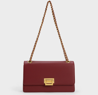 Charles & Keith Metallic Accent Front Flap Bag - Burgundy