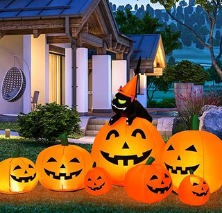 Tangkula 7.5 FT Halloween Inflatable Pumpkin Combo with Witch Black Cat