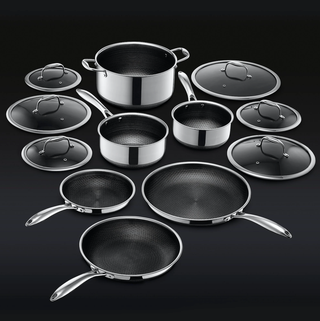 HexClad 22 Piece Hybrid Stainless Steel Cookware Set With 6 Pans, 6 Pots,  Mixing Bowls, 6 Knives and 12 Inch Griddle, Dishwasher Safe