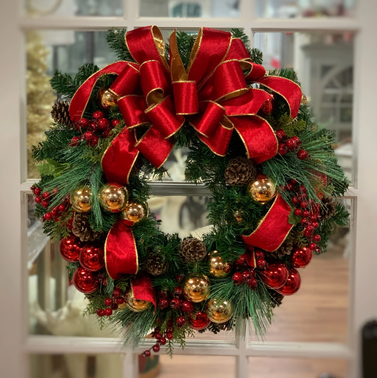 Three Posts Red and Gold Holiday Wreath with Ornaments