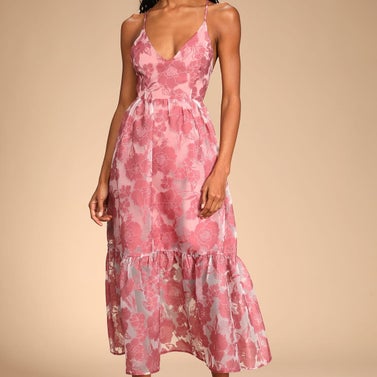 Lulus Feeling Like Forever Rose Jacquard Organza Lace-Up Midi Dress