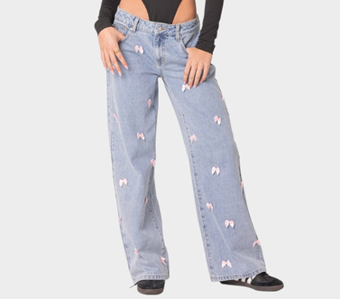 EDIKTED Lucille Low Rise Satin Bow Jeans