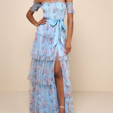 Lulus Pretty Whimsy Blue Floral Tiered Off-the-Shoulder Maxi Dress