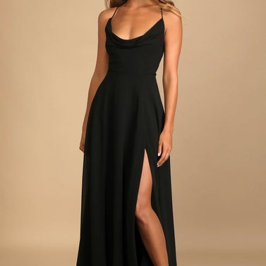 Lulus Romantically Speaking Black Cowl Lace-Up Maxi Dress