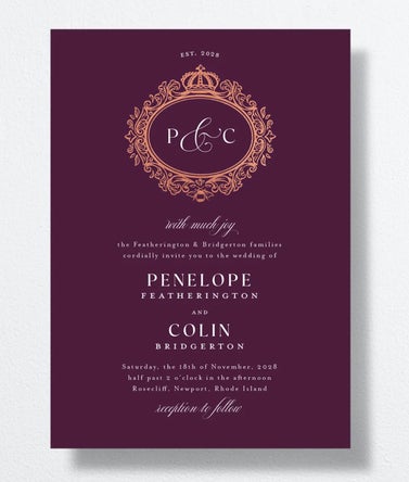 Glamorous Crown Monogram Crest Wedding Invitations by Bridgerton