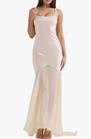 House of CB Vittoria Paneled Satin and Chiffon Gown