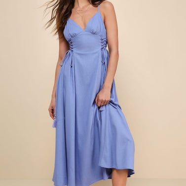 Lulus Endlessly Breezy Periwinkle Linen Smocked Lace-Up Midi Dress