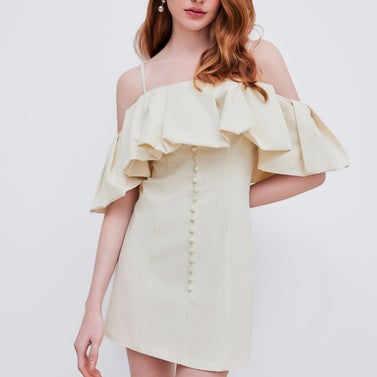 Cider Linen-Blend Off-Shoulder Solid Ruffle Mini Dress