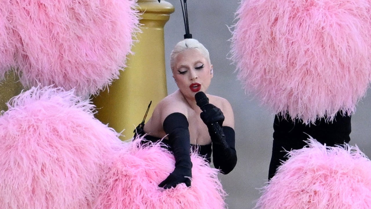 lady gaga pink feather dress Dazzles With Feathers During Opening Ceremony Performance at 2024 Olympics YCRF_suitpants