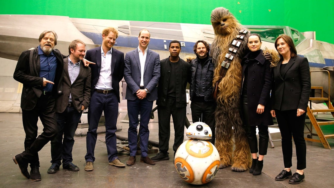 Mark Hamill, Rian Johnson, Prince Harry, Prince William, John Boyega, Ram Bergman, Chewbacca, Daisy Ridley, Kathleen Kennedy on 'Star Wars' Set