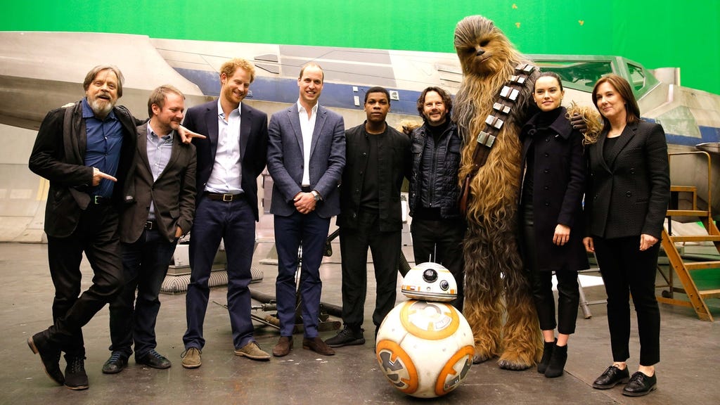 Mark Hamill, Rian Johnson, Prince Harry, Prince William, John Boyega, Ram Bergman, Chewbacca, Daisy Ridley, Kathleen Kennedy on 'Star Wars' Set
