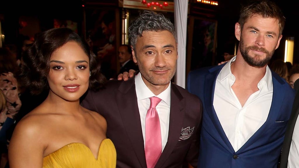 Tessa Thompson, director Taika Waititi and Chris Hemsworth