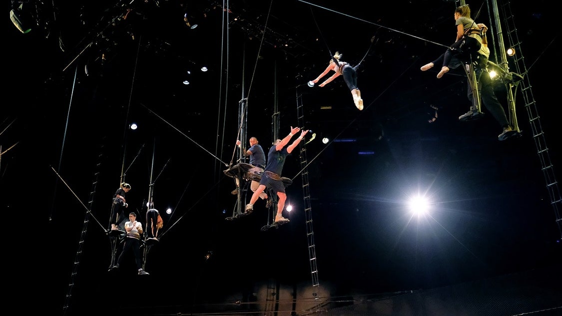 Acrobats rehearse Cirque Du Soleil's 'OVO' show at Barclays Center of Brooklyn on July 5, 2017 in New York City.