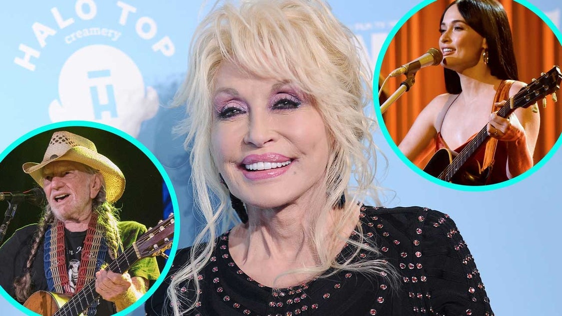Dolly Parton with Willie Nelson (inset right) and Kacey Musgraves (inset left).