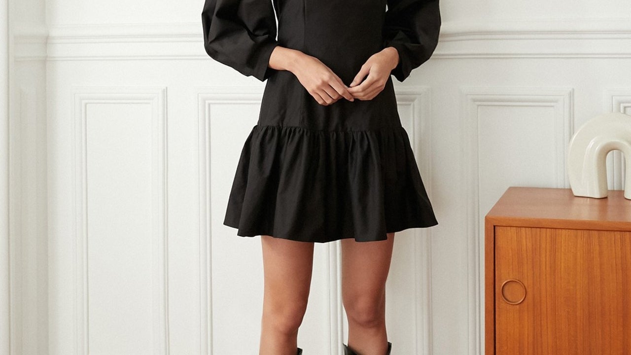 adele black mini dress Mustard Seed Adele Black Ruffle Mini Dress - Size S - Polyester/Rayon - Plunging V-Neckline - Three-Quarter Sleeves