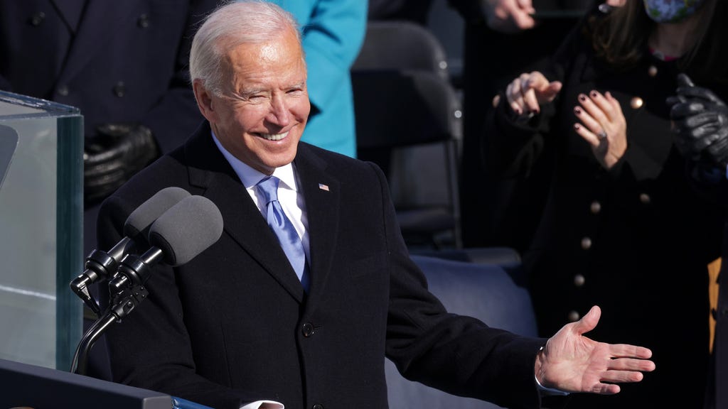 Joe Biden delivers his inaugural address on the West Front of the U.S. Capitol on January 20, 2021 in Washington, DC.