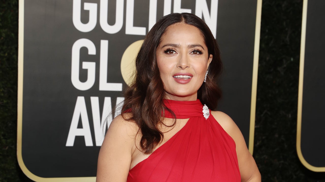 salma hayek golden globe dress Salma Hayek Steps Out in Stunning Bright Red Gown at 2021 Golden Globe Awards