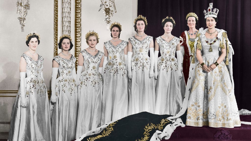 Queen Elizabeth II with her maids of honour, Green Drawing Room, Buckingham palace, 2nd June 1953.