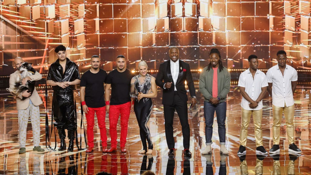 AMERICA'S GOT TALENT: FANTASY LEAGUE -- Episode 102 -- Pictured: (l-r) Adrian Stoica & Hurricane, Sheldon Riley, Vardanyan Brothers, Grace Good, Terry Crews, Preacher Lawson, Ramadhani Brothers