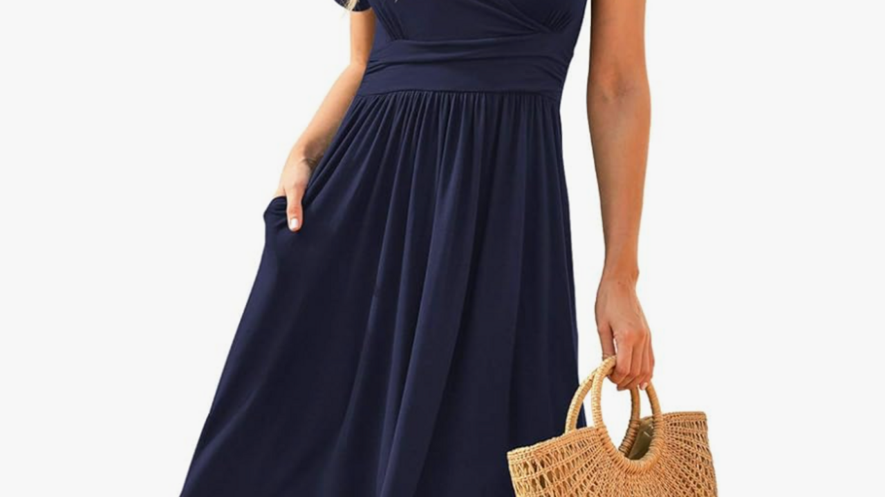 chinese dress ladies DouBCQ Women's Casual Short Sleeve Flowy Pleated Loose Dresses with Pockets  (0-Black, S) at Amazon Women's Clothing store