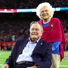 President George H.W. Bush and Barbara Bush arrive for the coin toss prior to Super Bowl 51 between the Atlanta Falcons and the New England Patriots at NRG Stadium on February 5, 2017 in Houston, Texas.