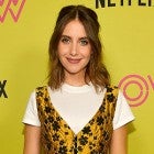 Alison Brie in floral dress and white tee